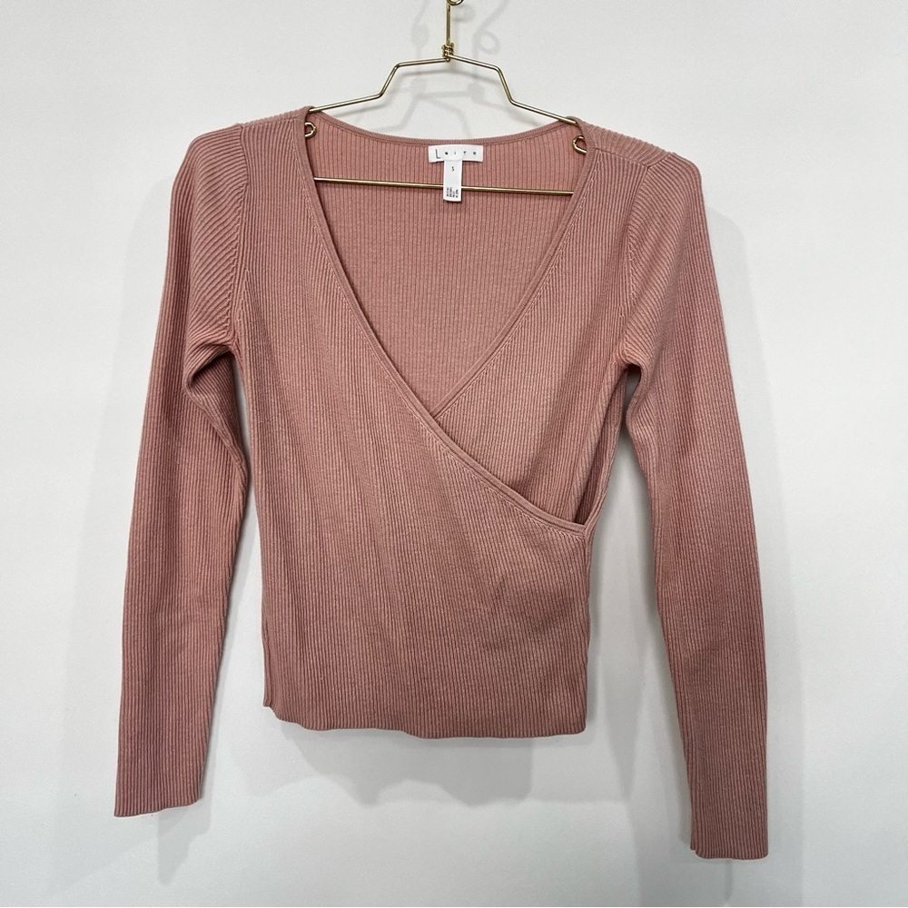 Leith Wrap V-Neck Sweater Top Blush Pink Size Small Knit Long Sleeve